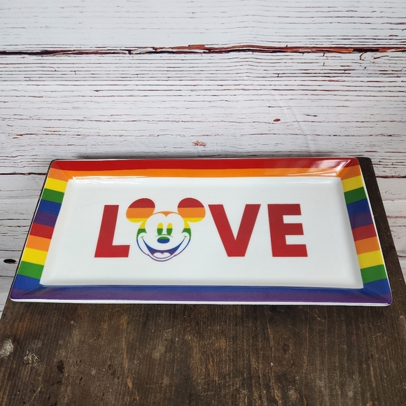 Pride Disney Mickey Mouse Love Rainbow Glass Tray - Picture 2 of 3